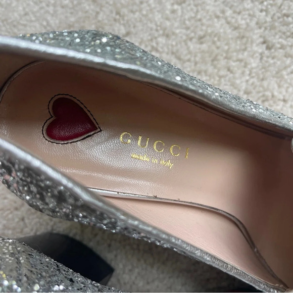 GUCCI Peyton Glitter Block Heel Loafers In Argento Silver - Picture 10 of 12
